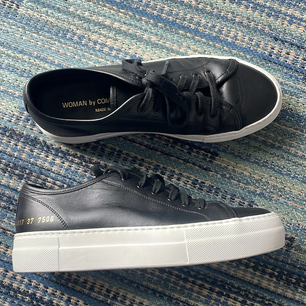 Woman by Common Projects Tournament Low Top Sneakers Black Leather Size 7.5